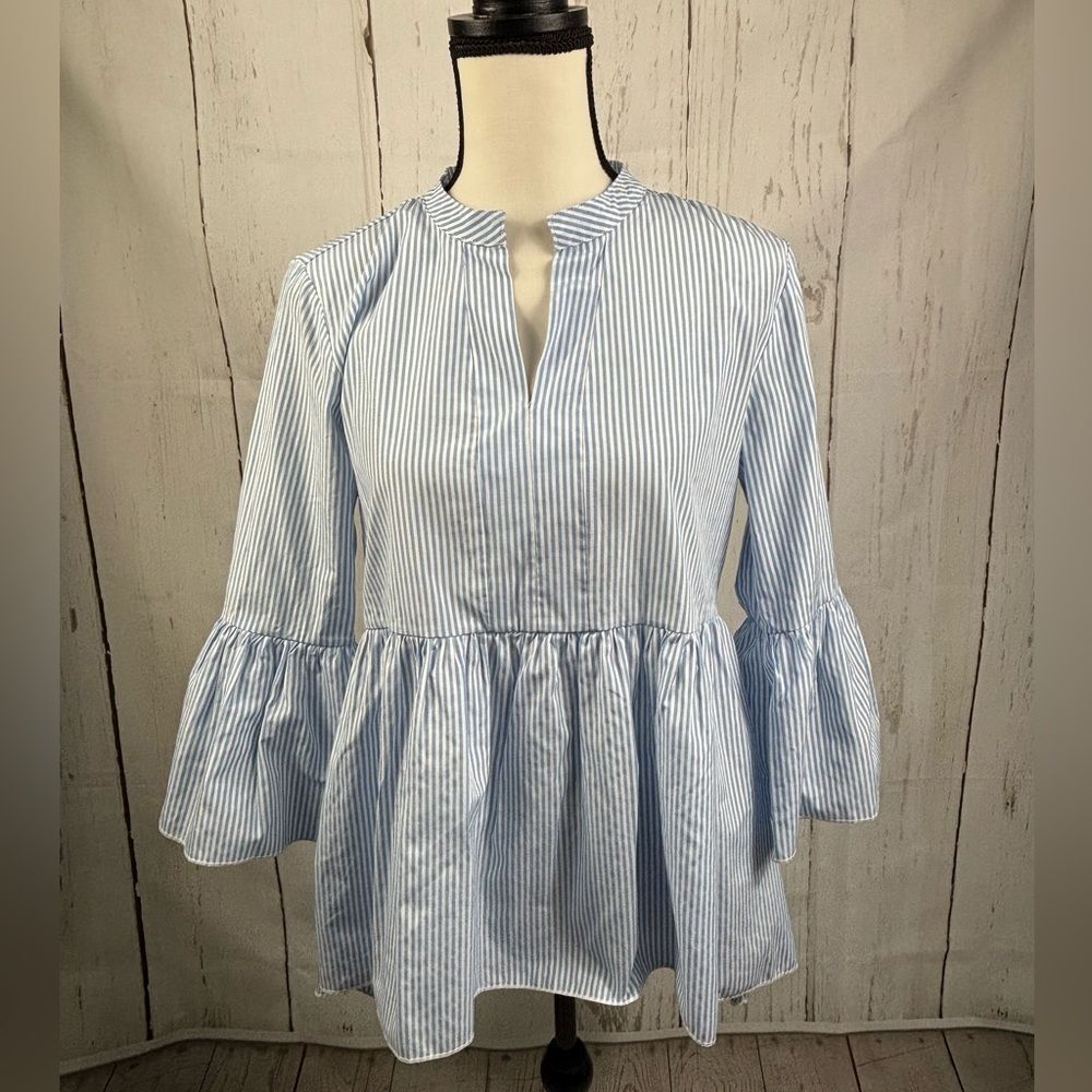 Koton Blouse Shirt Blue White Striped Flounce Sleeve Flared Bottom - Picture 7 of 10